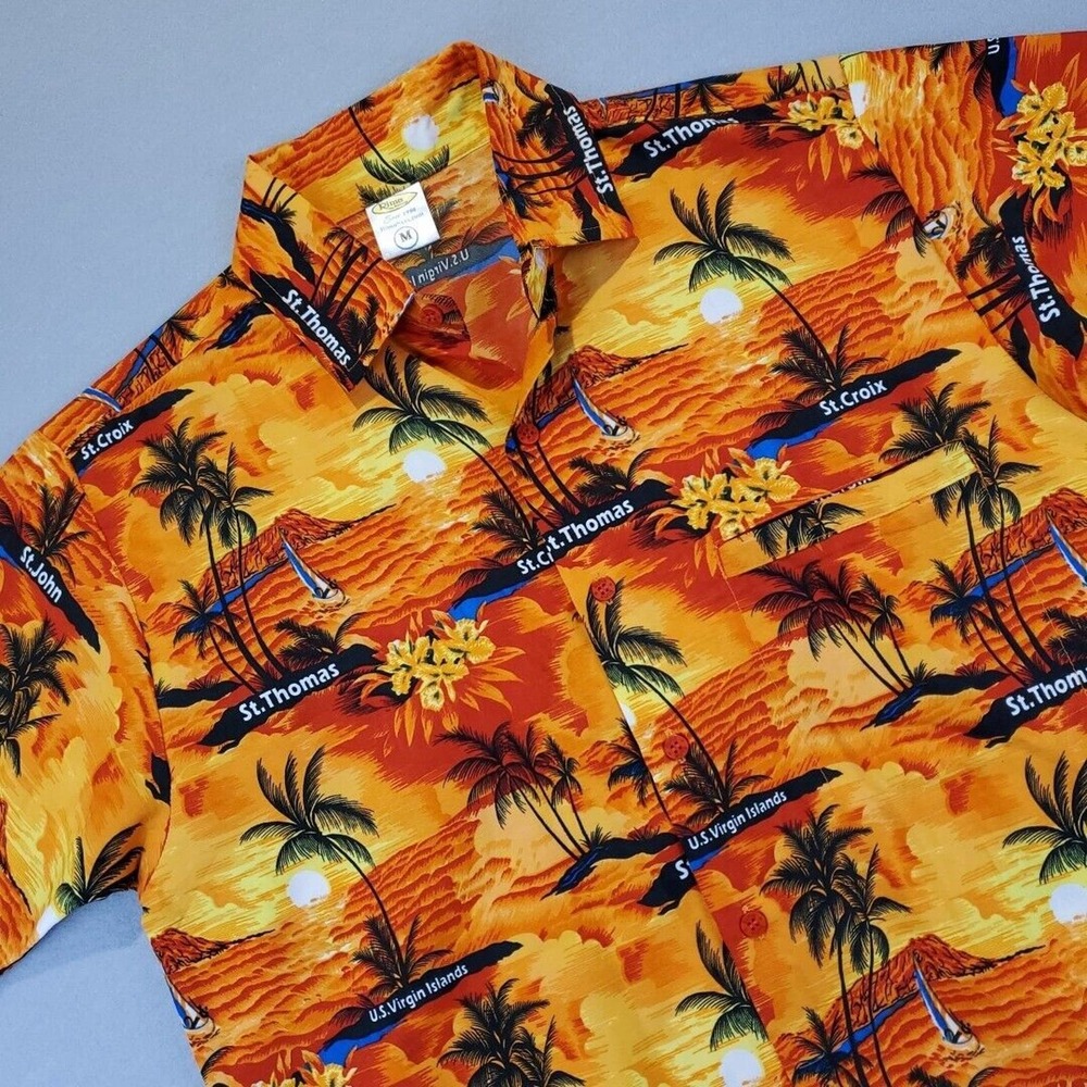 Rima Men's Button Shirt Hawaiian St Thomas Virgin Islands Short Sleeve Orange M